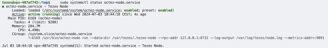 Status octez node systemd service