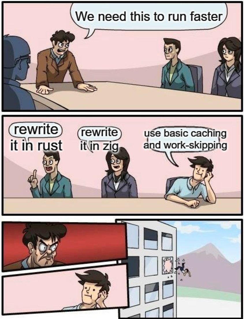 meme comic "We need this to run faster" "rewrite it in rust" "rewrite it in zig" "use basic caching and work skipping" guy gets thrown out window