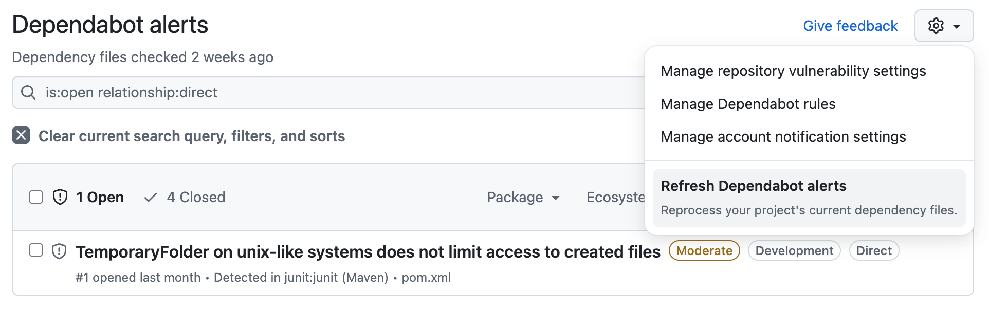 New 'Refresh Dependabot alerts' option in the Alert Settings menu on the Dependabot alerts page.