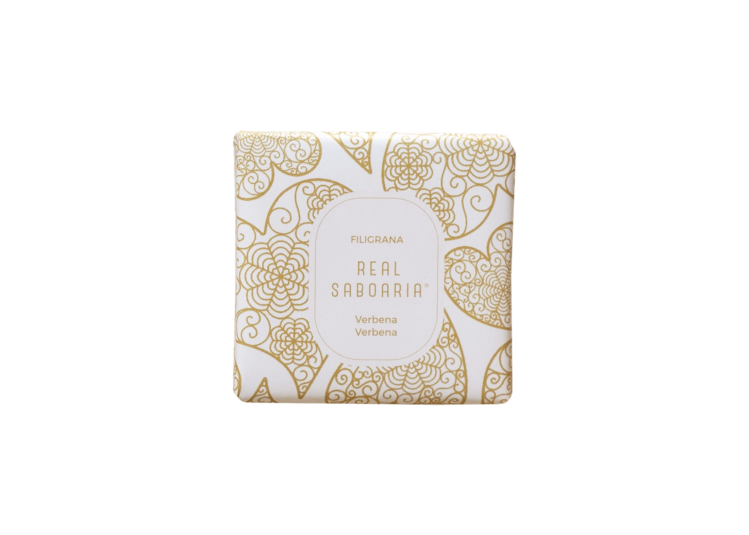 A decorative soap box with a white background and intricate gold floral patterns, featuring the text "REAL SABOARIA" and "Verbena."
