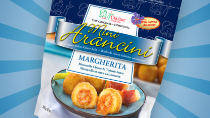 Packaging design for Mini Arancini featuring a bowl of risotto balls with mozzarella and tomato. Bright blue background with the text "Margherita".