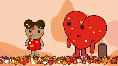 Illustration of a child and a heart character surrounded by colorful hearts, conveying warmth and love on a pastel peach background.