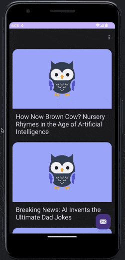 Android phone demonstrating a blog article opening to show the full details with a Shared Element Transition