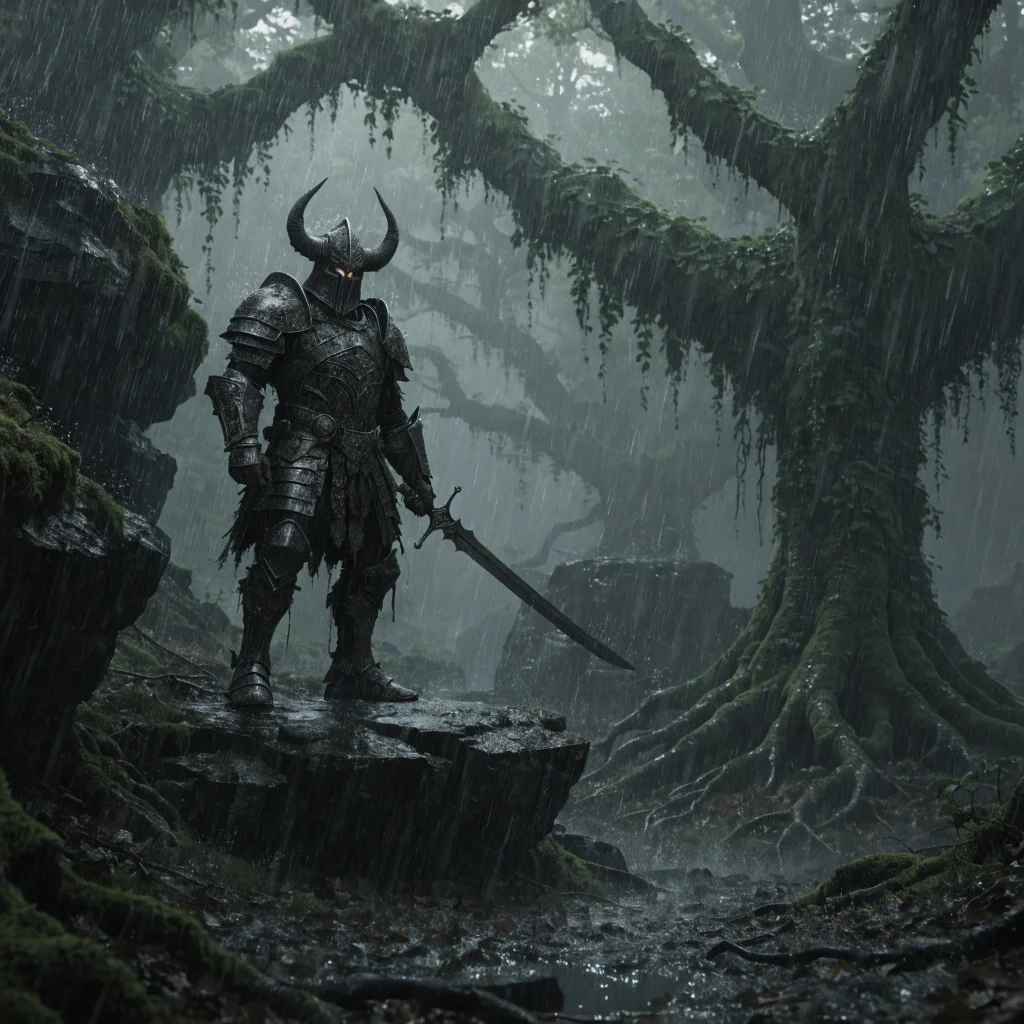 Guerrier en armure avec casque à cornes debout dans une forêt sombre et marécageuse