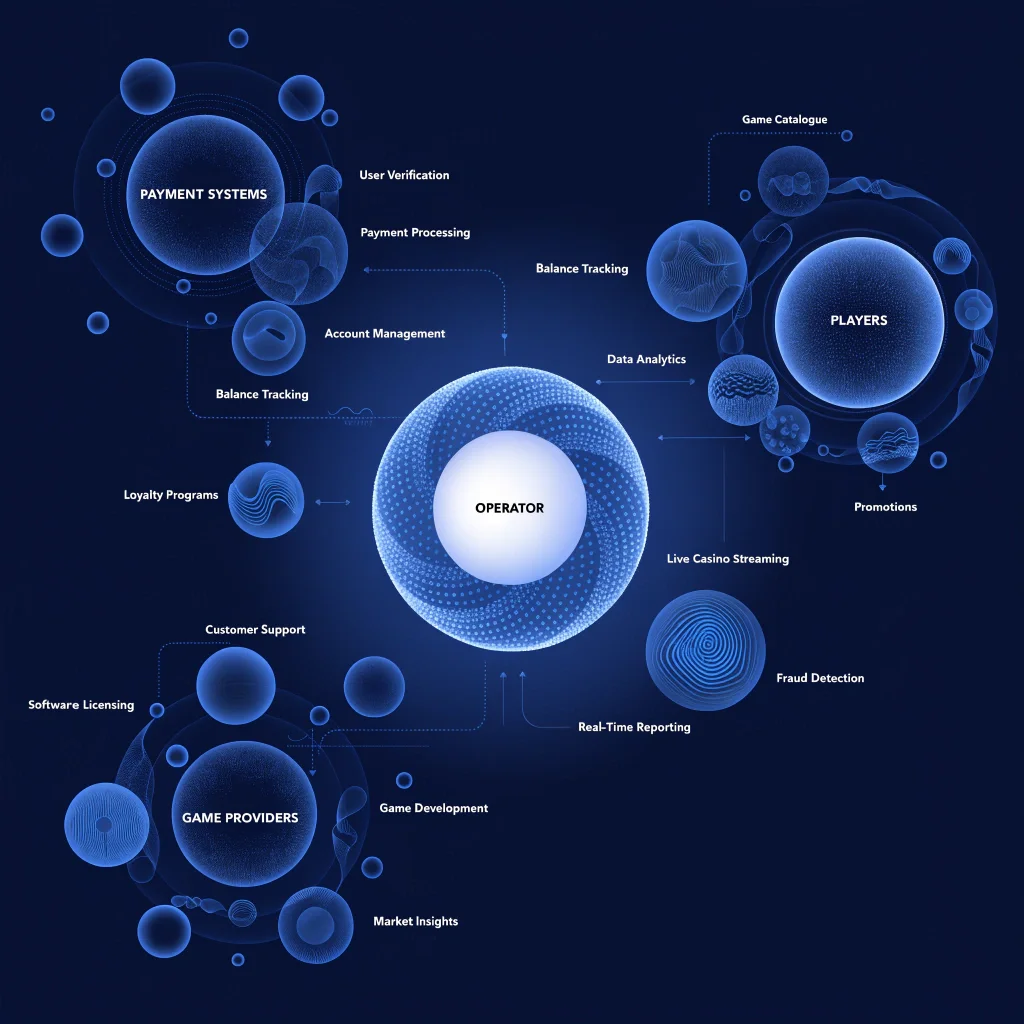 Visualisation en bulles d’un écosystème numérique sur fond bleu, montrant les relations entre différentes entités et plateformes