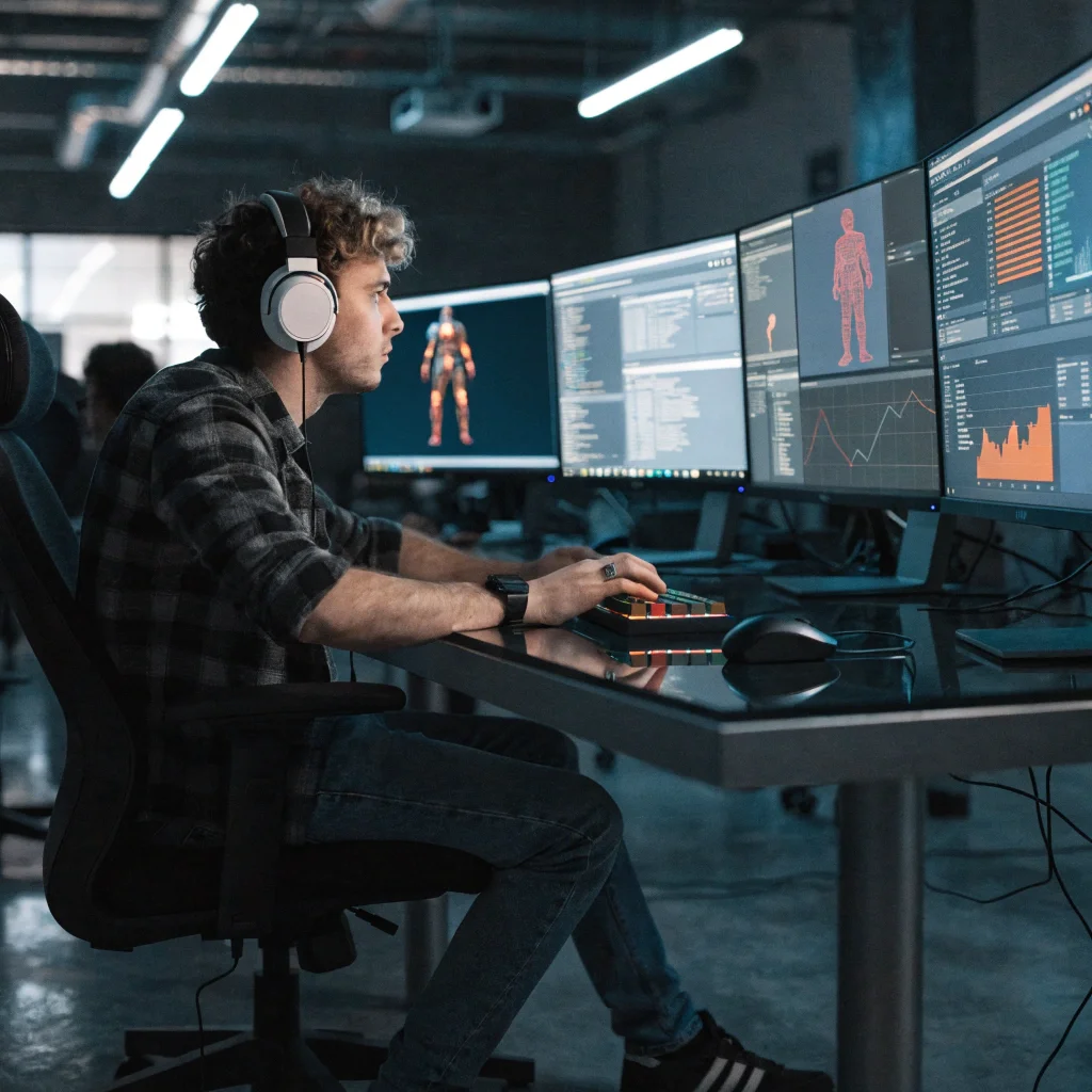 Analyste ou développeur devant un poste de travail multiécran affichant des interfaces, graphiques et données techniques