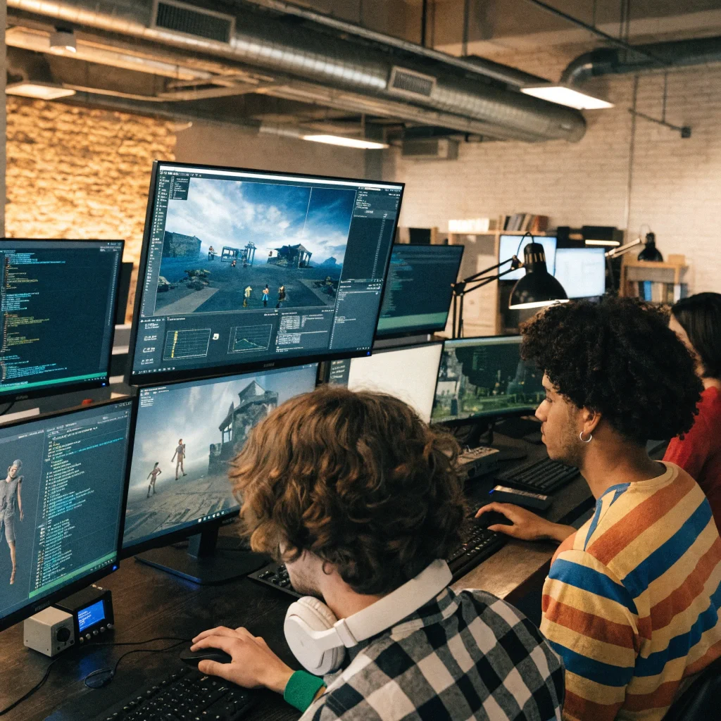 Équipe de développeurs travaillant devant plusieurs écrans affichant du code et des graphiques dans un bureau