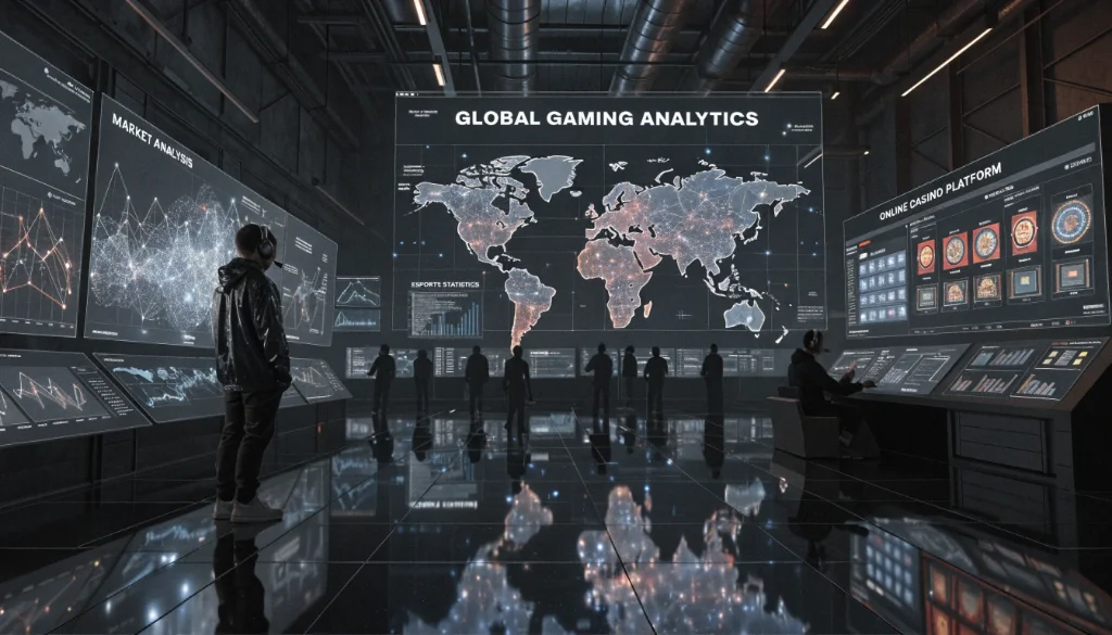 Salle de contrôle futuriste avec grands écrans d’analytique mondiale du gaming, cartes, graphiques et tableaux de bord liés au jeu vidéo, au casino en ligne et au marché iGaming