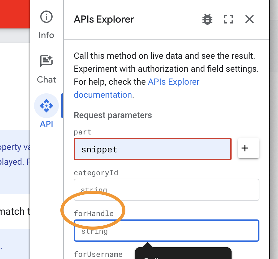 API Explorer channels/list