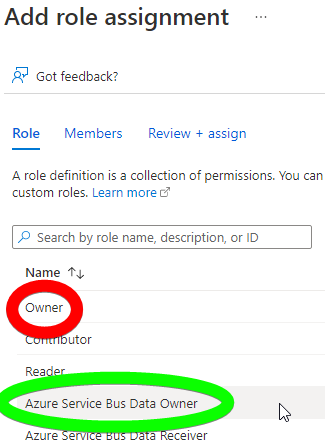 A screenshot of the "Add role assignment" page in Azure Portal with two similarly named roles circled: "Owner" and "Azure Service Bus Data Owner."
