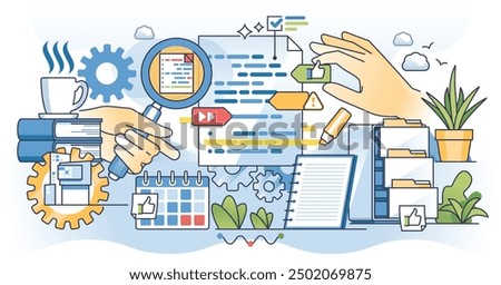 Data coding, programming and code script writing outline hands concept. Software development with debugging, error checking process of converting data in form that can be analyzed vector illustration