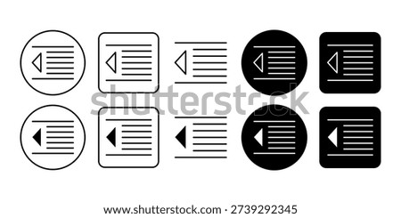 Decrease indent text outline icon set designed for document editors, writing software, typography platforms, content management systems, and structured formatting tools.