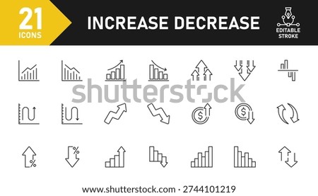 Increase and decrease line icon set. Set of 21 outline icons related to increase, decrease, chart, arrow, graph and others. Editable stroke. Vector illustration.