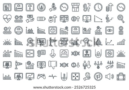 modern increase and decrease icon pack. perfect for minimalist ui designs featuring vector suitcase, volume up, promotion, happy, resize expand, water level, heart rate, and more icons.