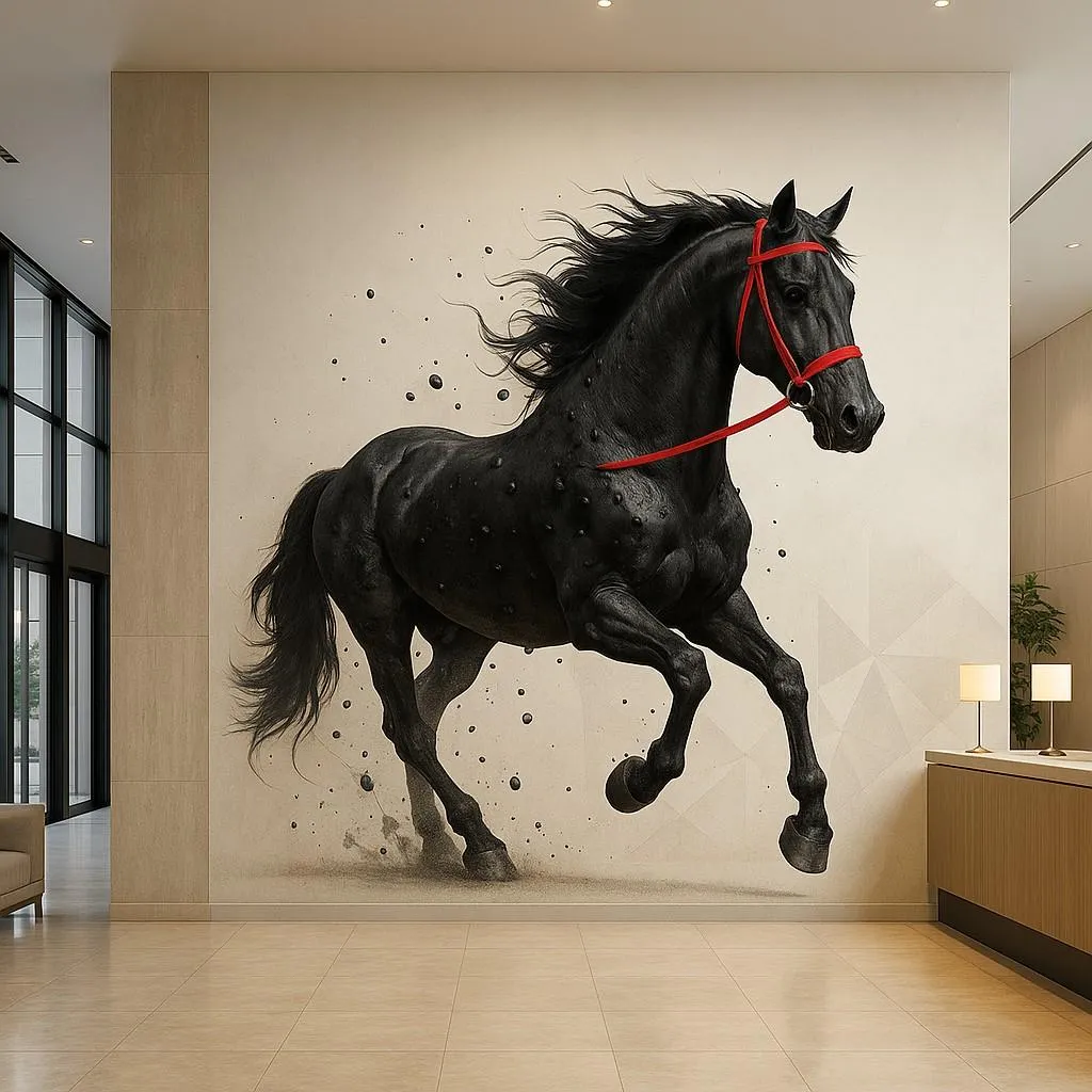 custom black horse running wall mural printed on commercial interior wall