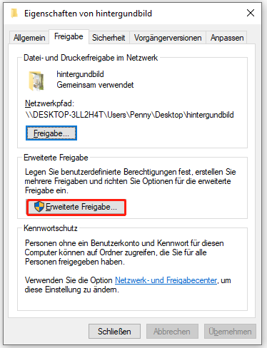 klicken Sie auf Erweiterte Freigabe, um fortzufahren