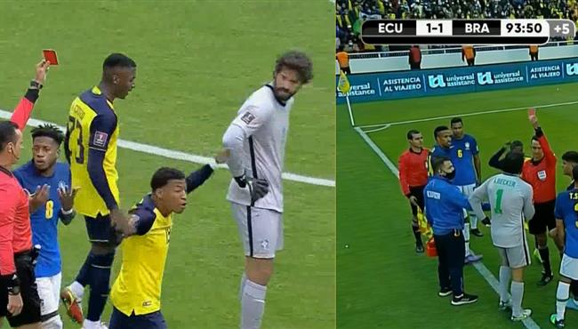 الفار ينقذ اليسون بيكر من الطرد مرتين في مباراة البرازيل والاكوادور بتصفيات كاس العالم