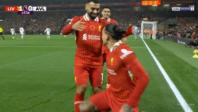 هدف داروين نونيز في مرمي استون فيلا اسيست محمد صلاح