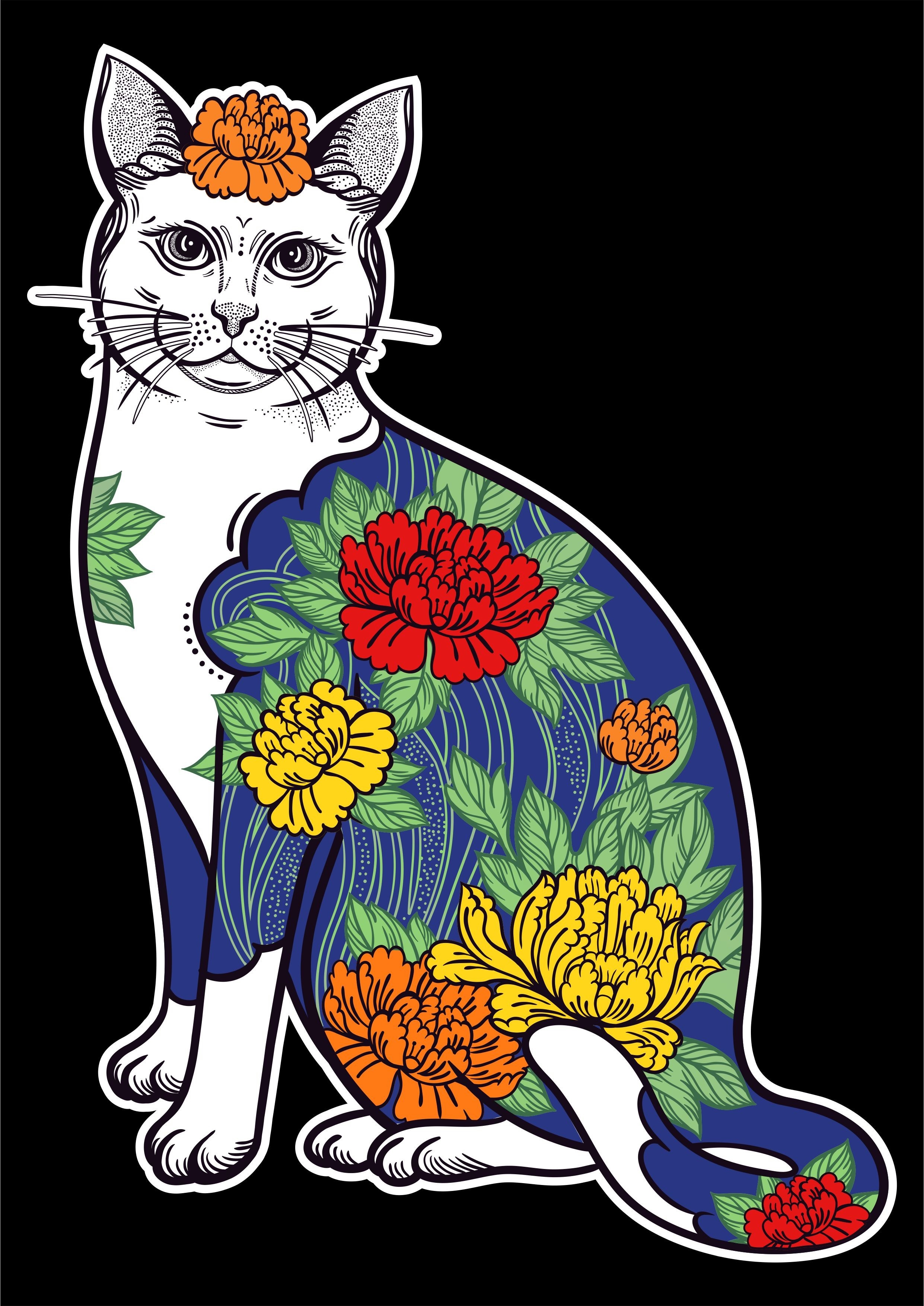 猫咪牡丹花朵植物花卉矢量图服装裁片烫图印花花型