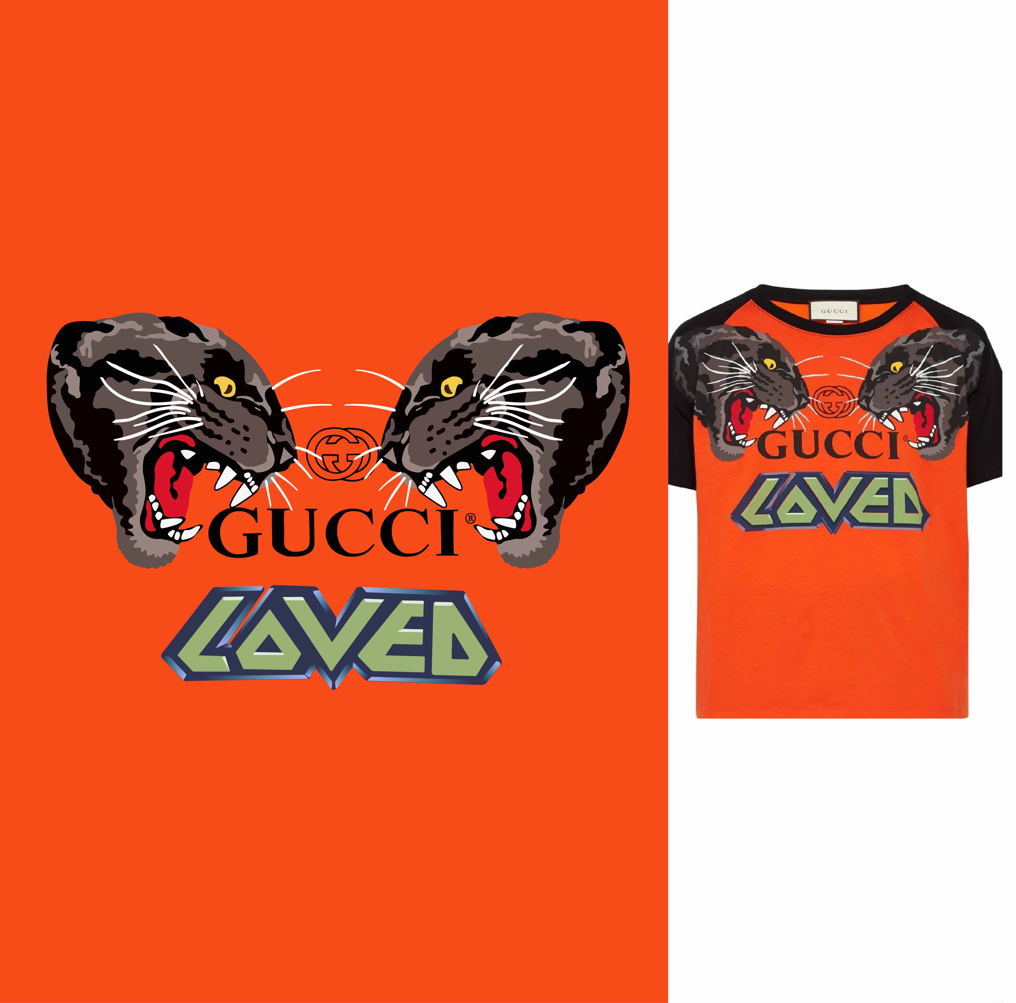 大牌GUCCI字母豹子头印花矢量图服装裁片T恤烫图印花花型素材