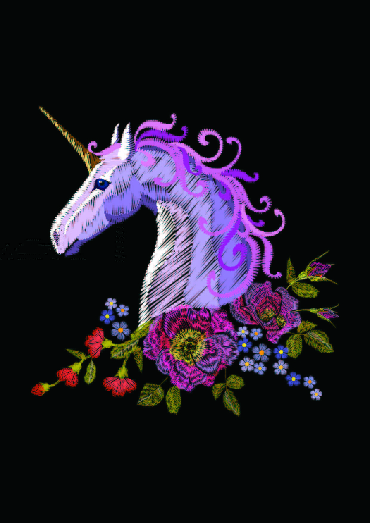 几何独角兽牡丹花印花矢量图服装裁片T恤烫图印花花型素材