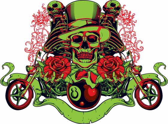 几何花纹骷髅头玫瑰花印花矢量图服装裁片T恤烫图印花花型素材