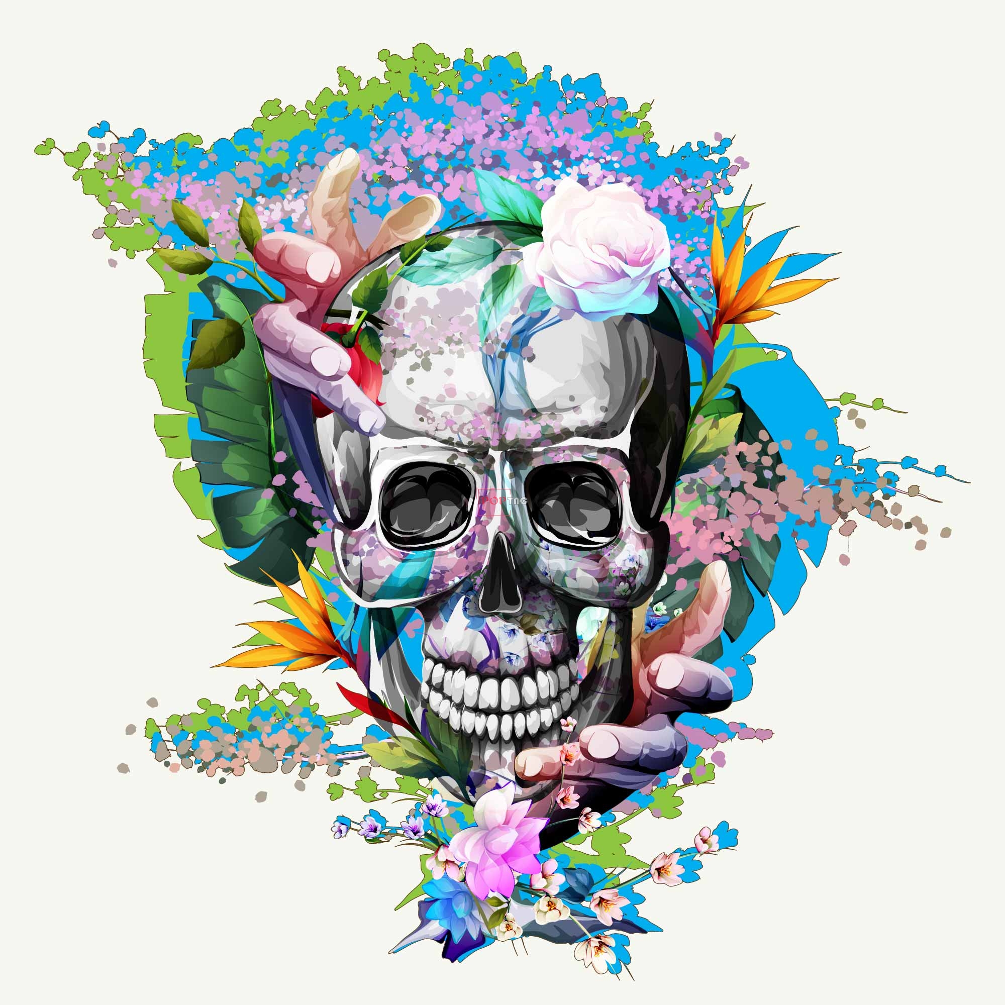 骷髅头植物花朵印花图案服装裁片T恤卫衣烫图印花花型素材