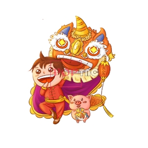 卡通图案国潮风舞狮印花图案服装裁片T恤卫衣烫图印花花型素材