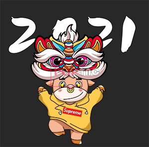 国潮舞狮卡通牛印花图案服装裁片T恤卫衣烫图印花花型素材