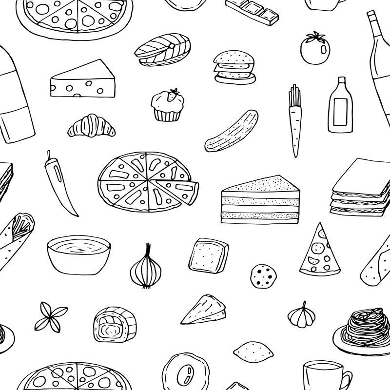 时尚美食主题面料印花：披萨、蛋糕与汉堡服装印花设计