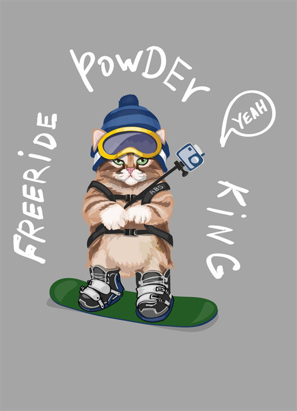 时尚滑雪猫裁片印花服装，趣味运动风服装印花设计