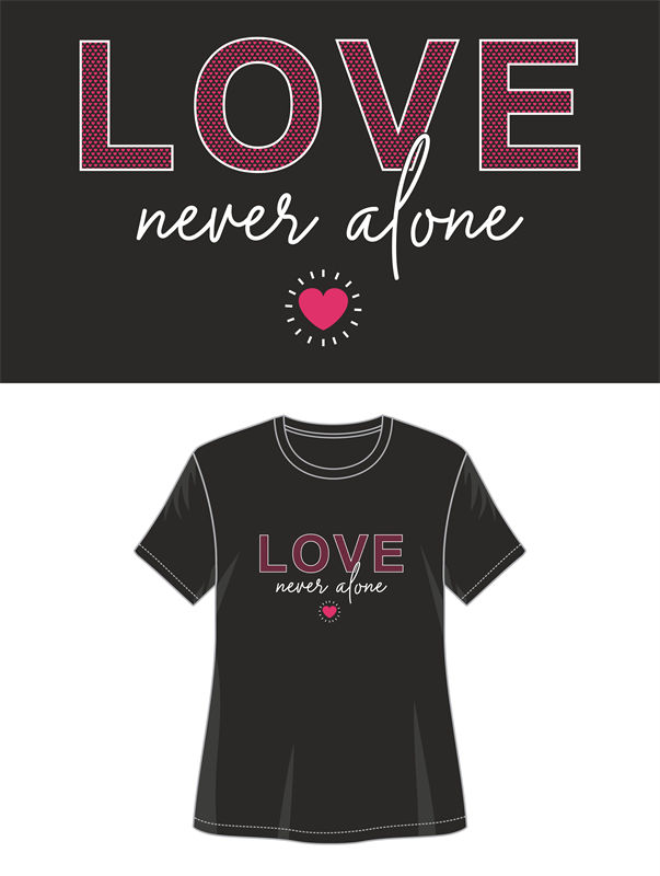 时尚裁片印花服装：’LOVE never alone’ 浪漫风格T恤