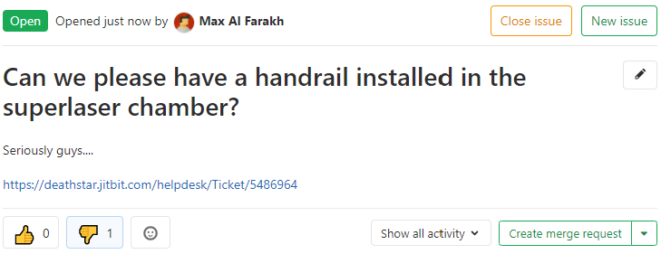 Linked GitLab issue and helpdesk ticket showing cross-references