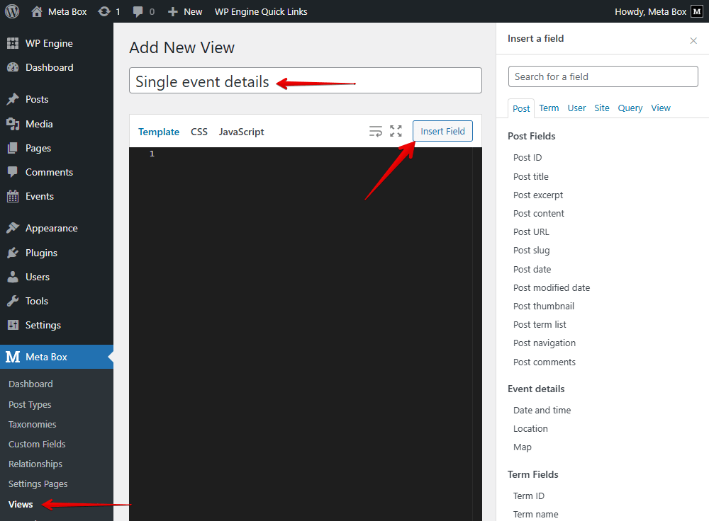 Click to the Insert Field button, which opens a panel with all the available fields