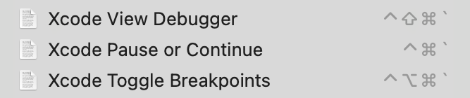 XcodeFastScripts.png screen capture of FastScripts menu items for View Debugger, Pause or Continue, and Toggle Breakpoints