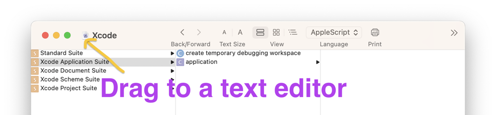 DragProxyScriptEditor.png Screenshot of Script Editor window for a scripting dictionary, with annotations to show where the document proxy icon is