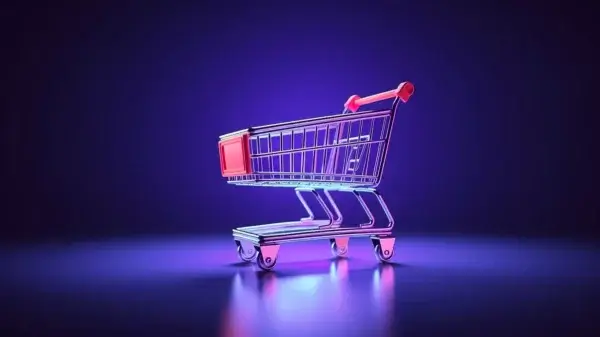 An e-commerce website with a shopping cart illuminated by neon lights on a dark background.