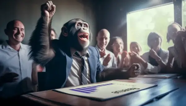 A chimpanzee sitting at a table while engaging with a group of people.