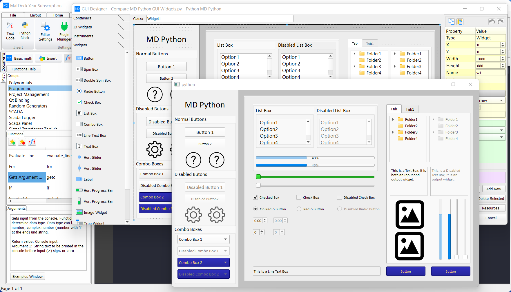 All standard and customized MD Python Widgets in MD Python Designer