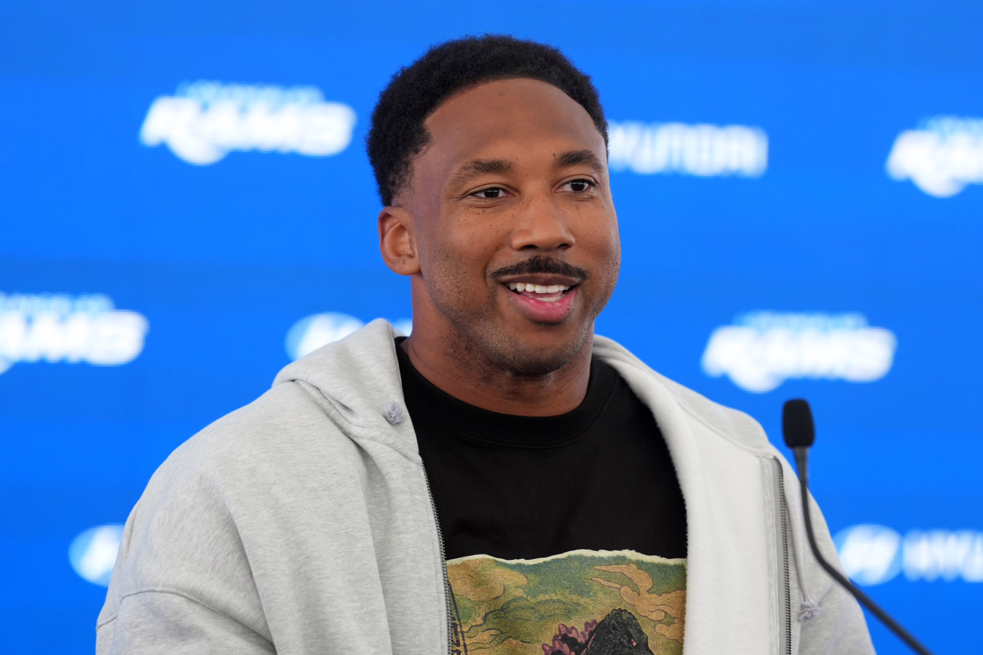 Los Angeles Rams defensive end Myles Garrett at press conference at Rams Practice Facility. Mandatory Credit: Kirby Lee-Imagn Images