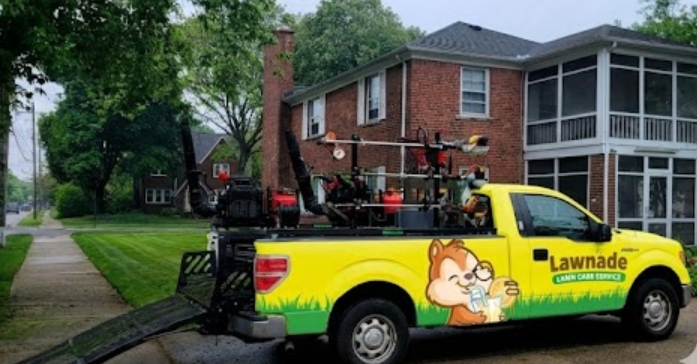 Lawnade Lawn Care truck parked in Metro Detroit, loaded with landscaping equipment, showcasing vibrant branding and a well-maintained lawn in the background.