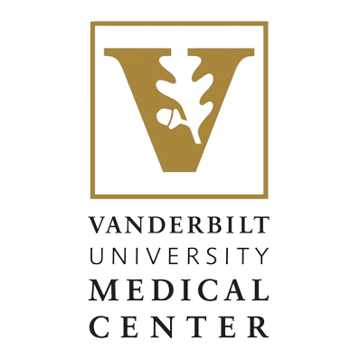Vanderbilt University Medical Center logo featuring a gold "V" with an oak leaf and acorn, and the institution's name below in black text.