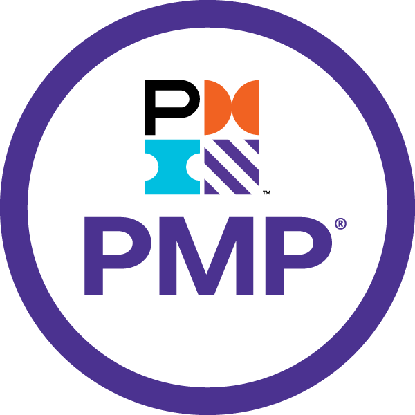 PMP certification logo featuring the PMI emblem and "PMP" in bold purple text, representing project management excellence and professional development.
