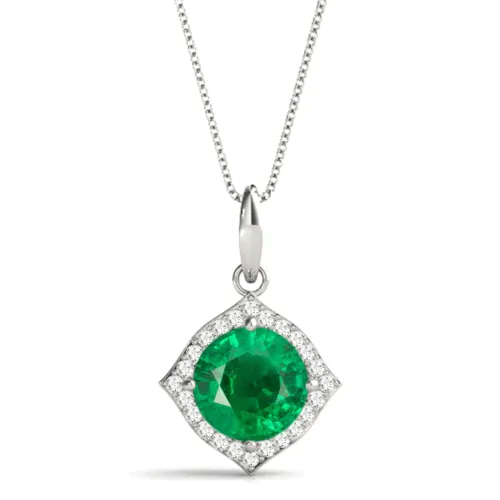 Round Emerald Diamond Halo Pendant Necklace Round Emerald Diamond Halo Pendant Necklace