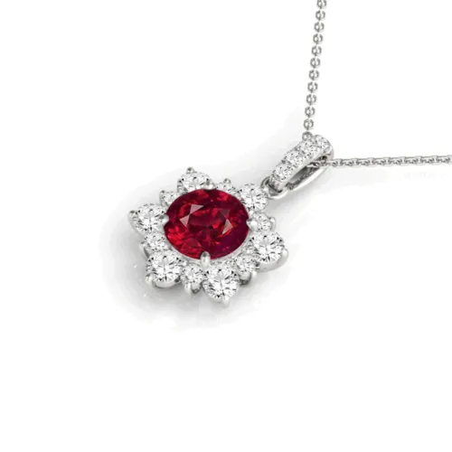 Round Ruby Diamond Cluster Pendant Necklace