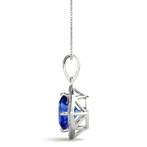 Round Blue Sapphire Diamond Halo Pendant Necklace