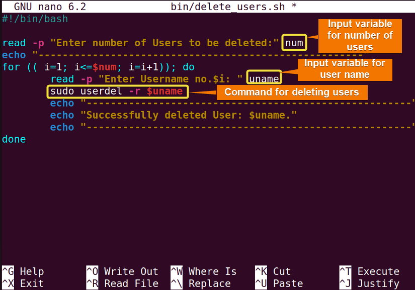 Bash script for deleting multiple users in linux.