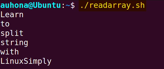 Split string using "readarray" command.