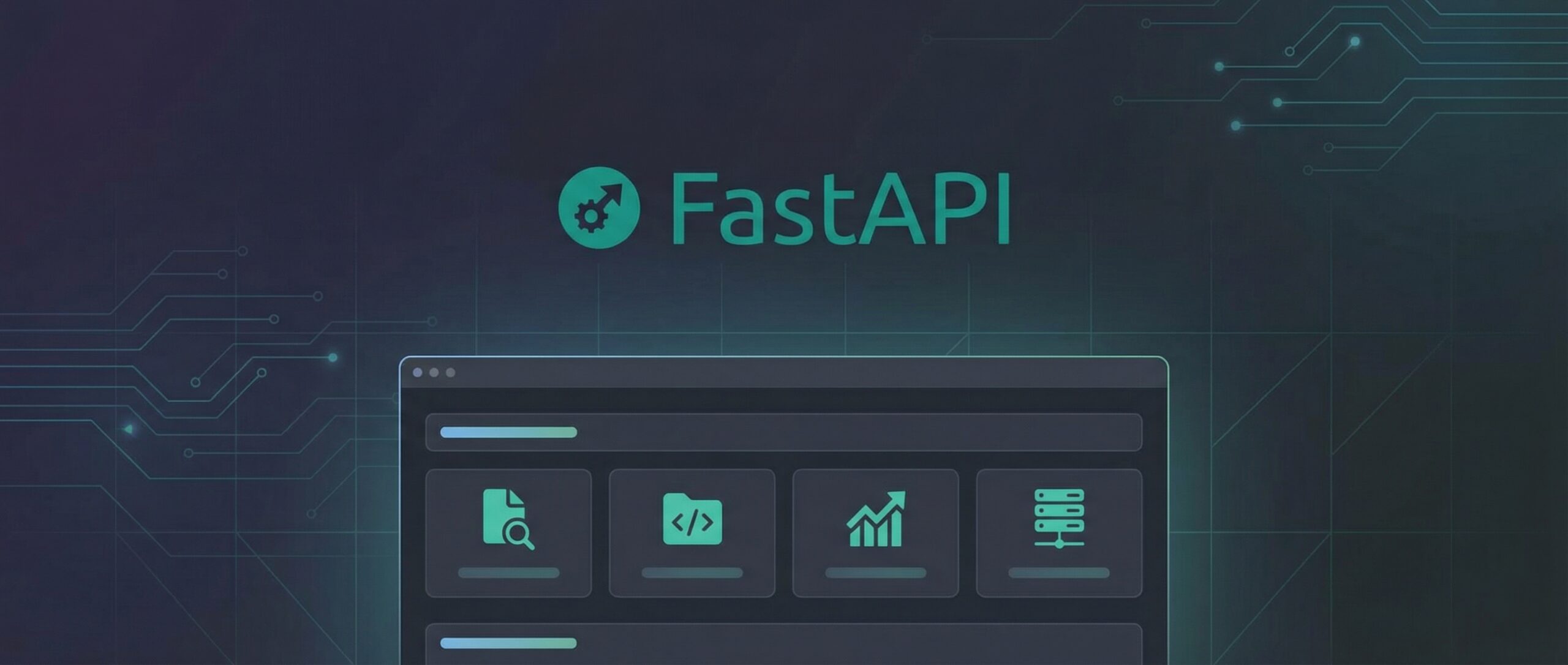 Image représentant le logo de FastAPI et une interface d'application web modern sous fond technologique.
