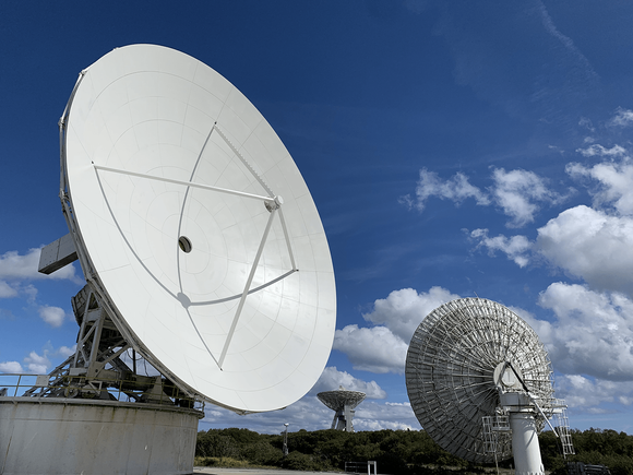 Close-up view of 18 meter antenna dish
